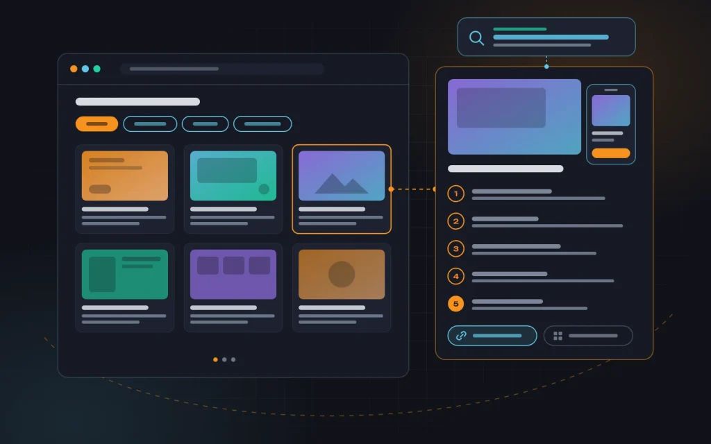A portfolio grid with industry filters where one project leads to a full case study page that appears in search results