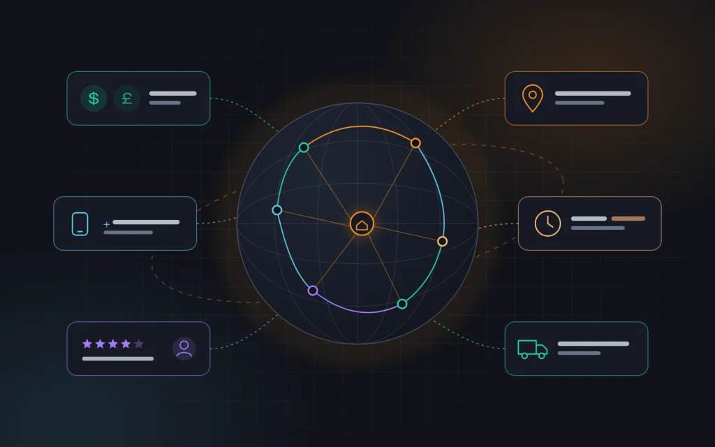 Globe with connected nodes and local signal cards: currency, contacts, reviews, address, time zone, delivery