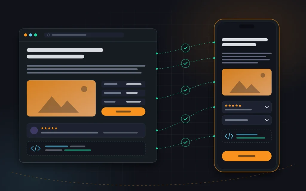 Content parity diagram: desktop page blocks linked to the matching blocks on a phone