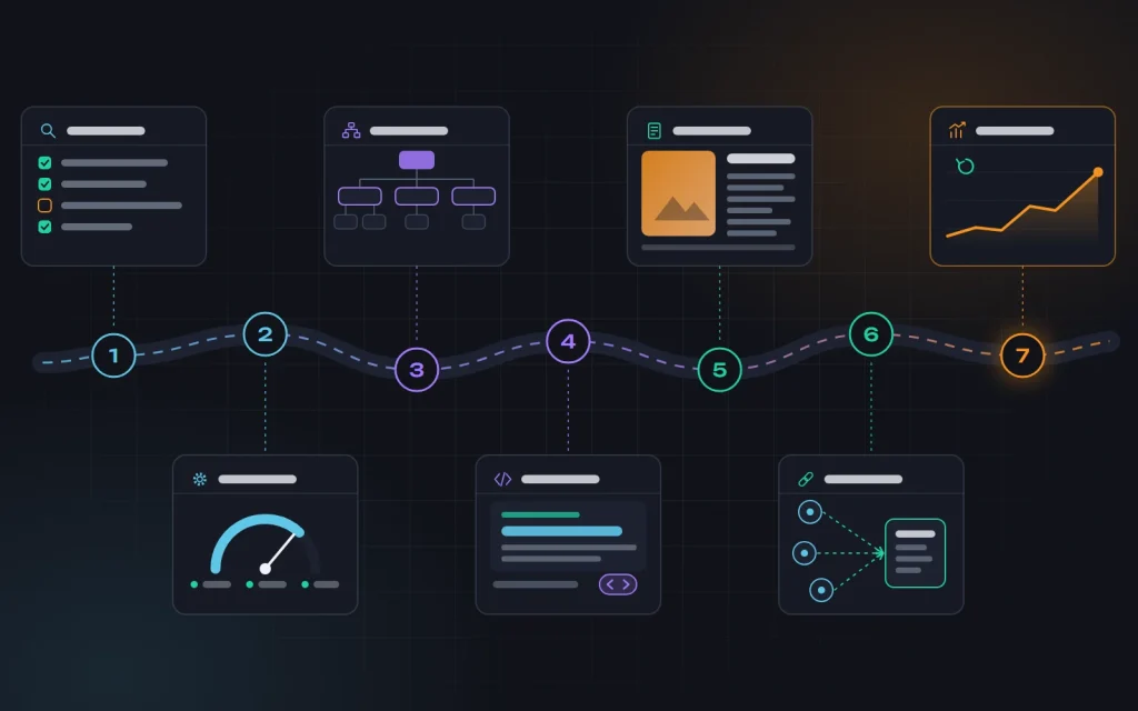 A roadmap of seven promotion stages: audit, technical foundation, structure, on-page, content, links, analytics