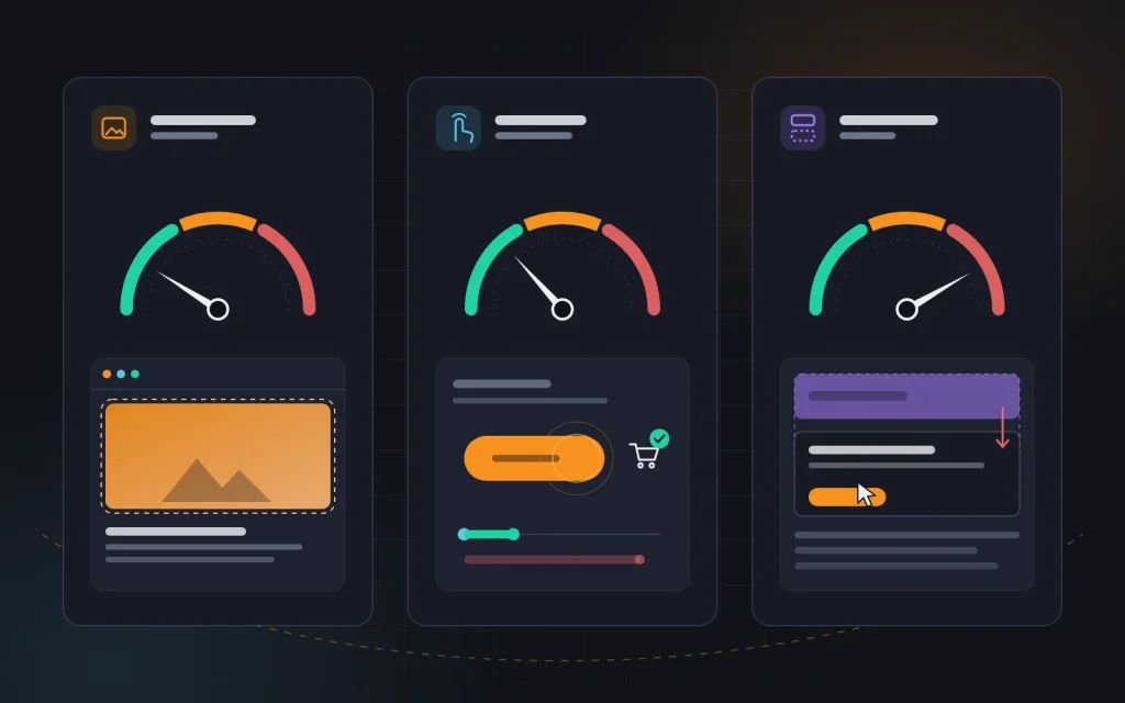 Three panels with gauges: the main image loading, a button reacting to a tap, and layout blocks shifting